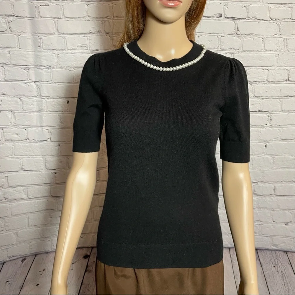 New Kate Spade Black Pearl-Embellished Short-Sleeve Sweater Size XXS
